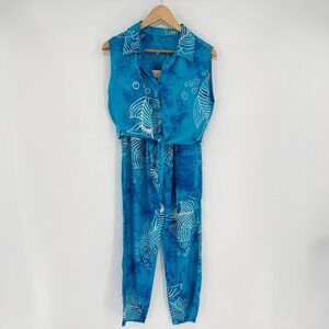 Zion Blue‎ Tie-Dye Sleeveless Two Piece Fish Print Blouse/Pants Set Women's S